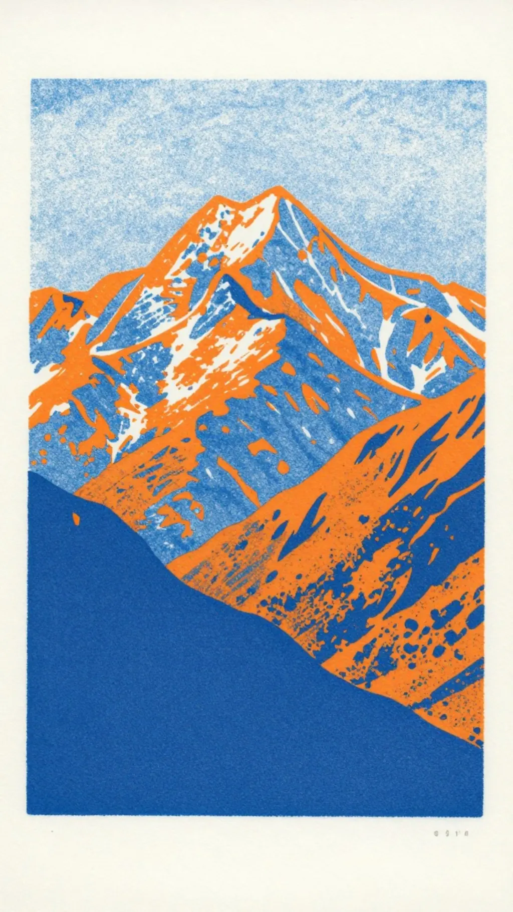 Risograph print of mountains in blue and orange, visible paper grain, slight misregistration
