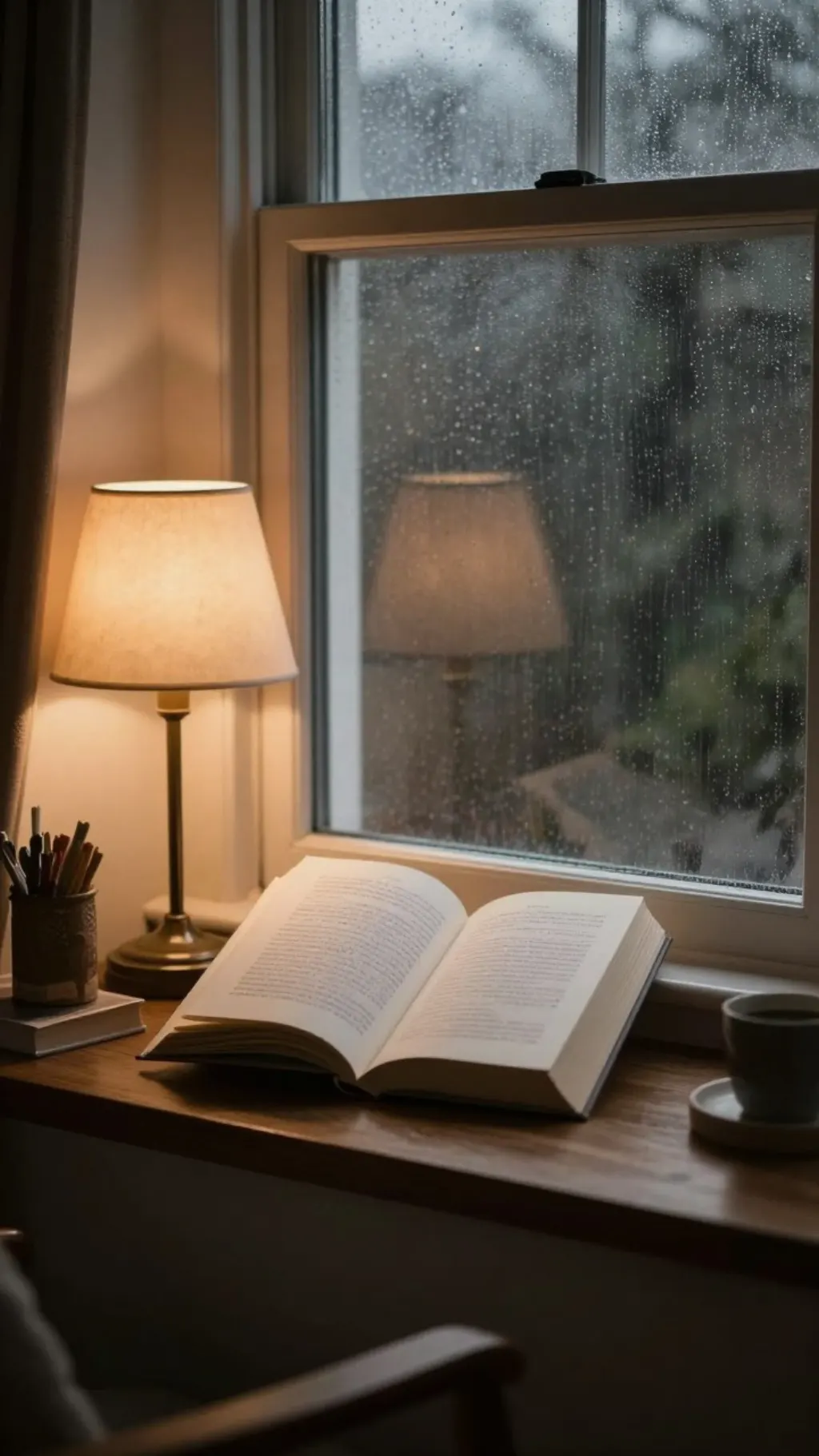 Cozy reading nook by a rainy window, warm lamp light, muted browns, softly blurred background